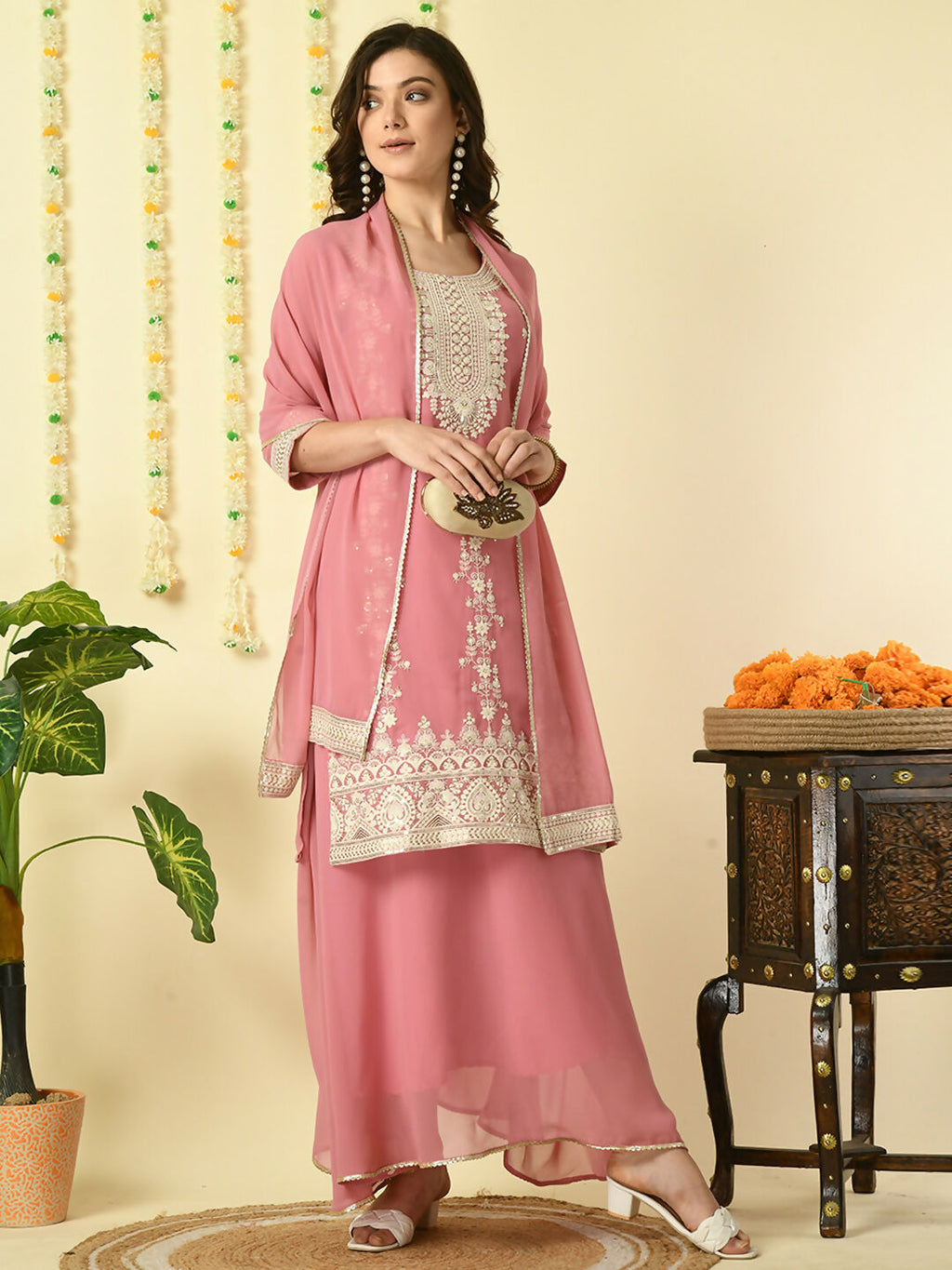 Myshka Women's Pink Georgette Kurta & Skirt With Dupatta Party Sets | Grocsy