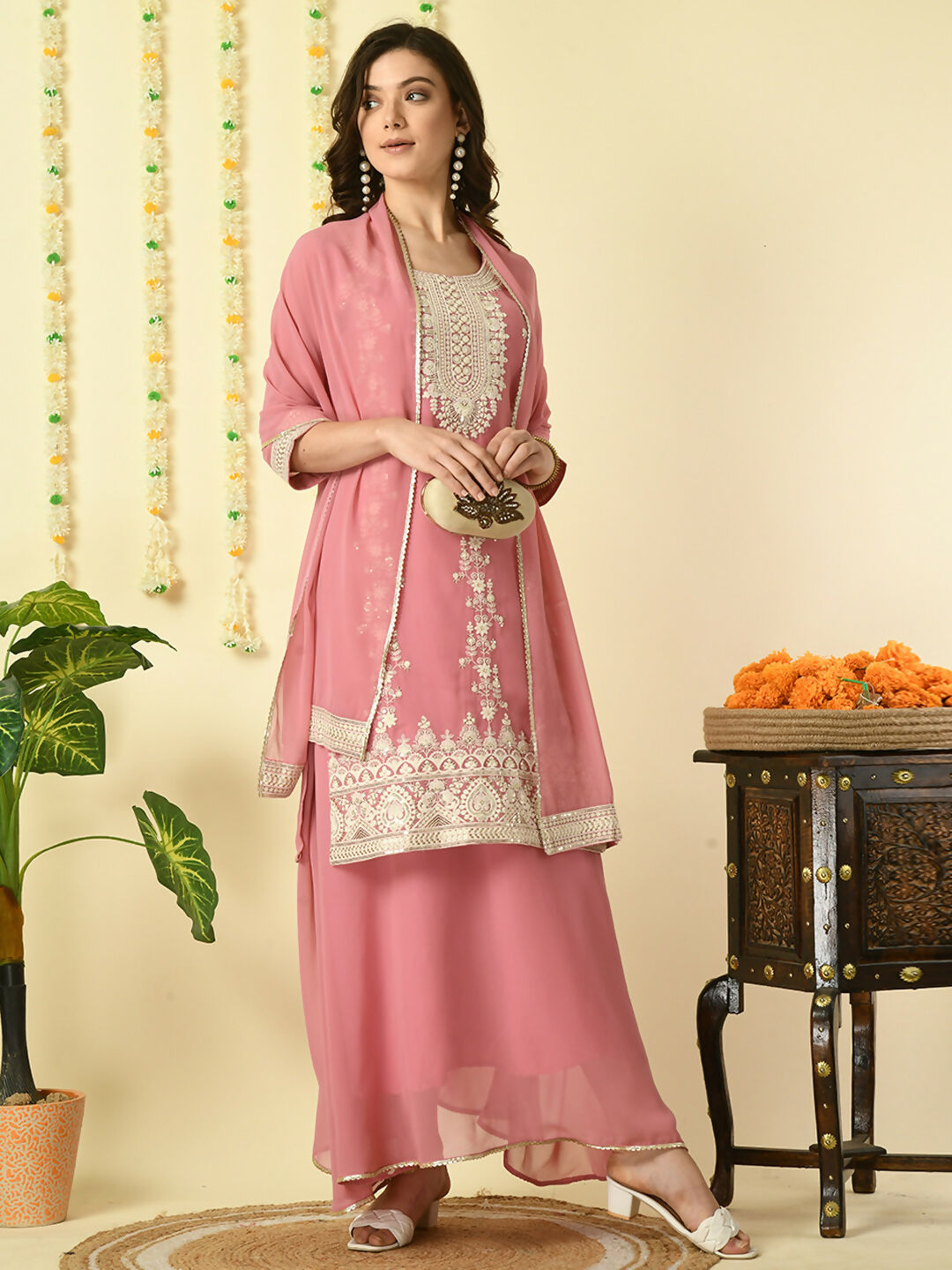 Myshka Women's Pink Georgette Kurta & Skirt With Dupatta Party Sets | Grocsy
