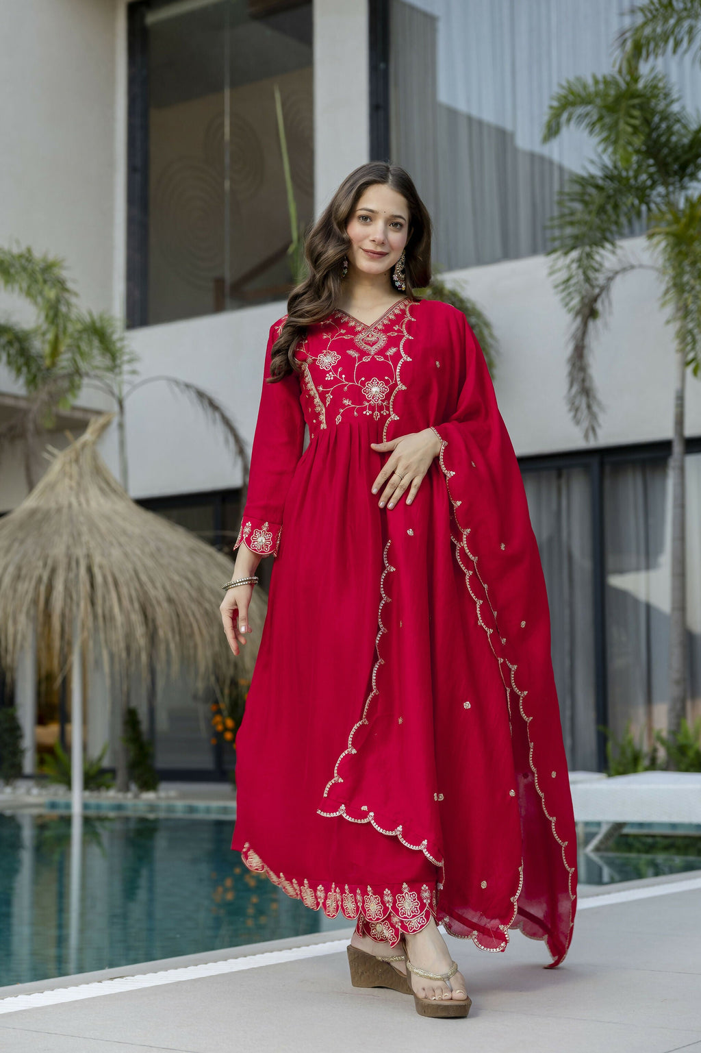 The52 Women's Beautiful Vichitra Silk Fabric Embroidery Work Flared Anarkali Pant and Dupatta Set | Grocsy