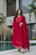 The52 Women's Beautiful Vichitra Silk Fabric Embroidery Work Flared Anarkali Pant and Dupatta Set | Grocsy