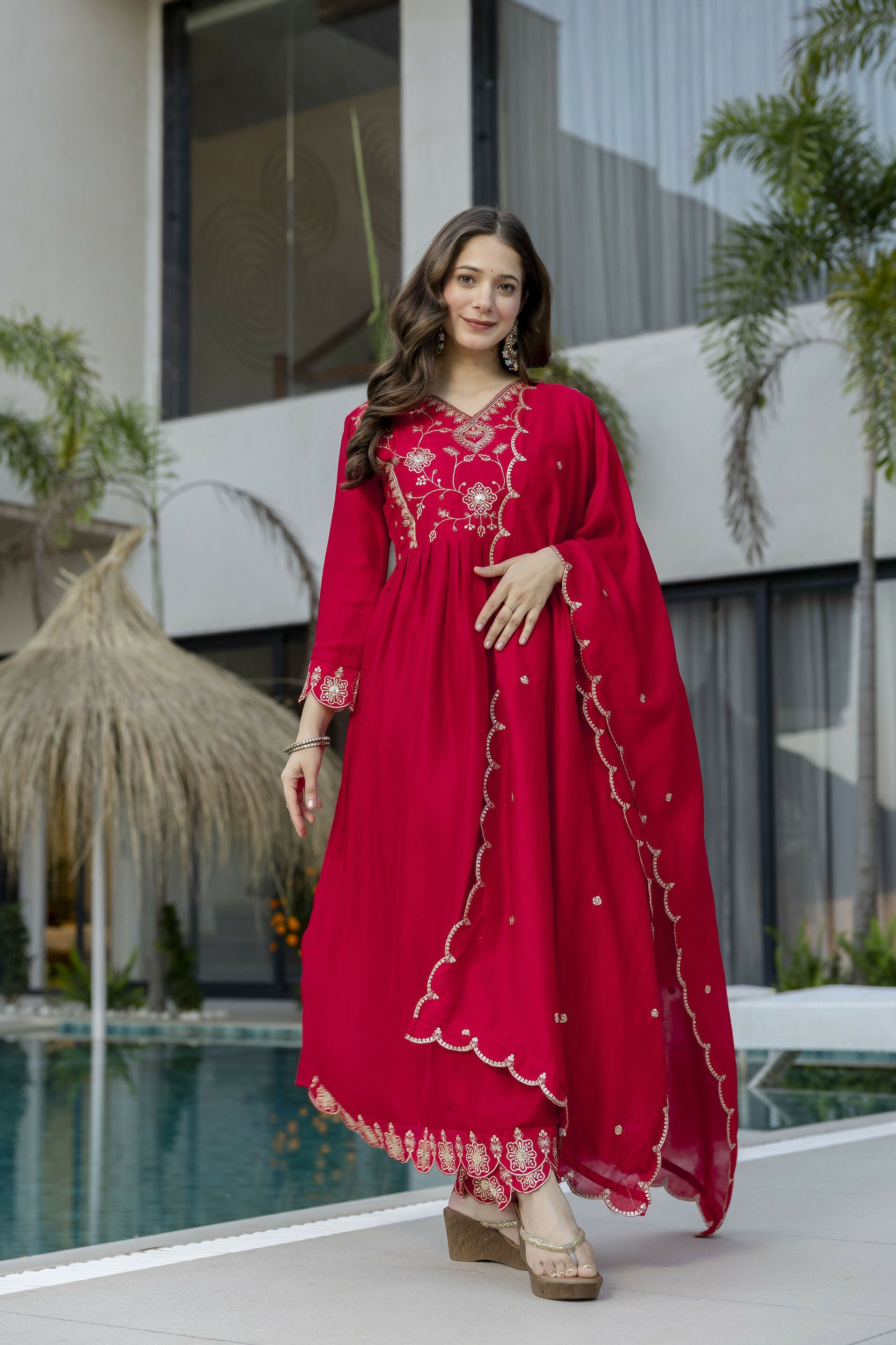 The52 Women's Beautiful Vichitra Silk Fabric Embroidery Work Flared Anarkali Pant and Dupatta Set | Grocsy