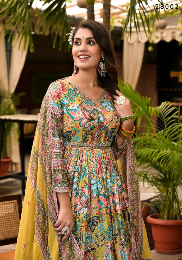 Wedding Designer Multi Soft Dola Silk Anarkali suit with Dupatta - Sanj | Grocsy