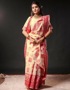 Joban Fashion Cream Silk Woven Durga Puja Saree | Grocsy