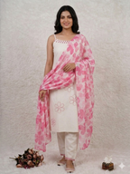 Teeya Creation Women’s Straight Cotton Kurta Pant Set with Floral Organza Dupatta Set | Grocsy