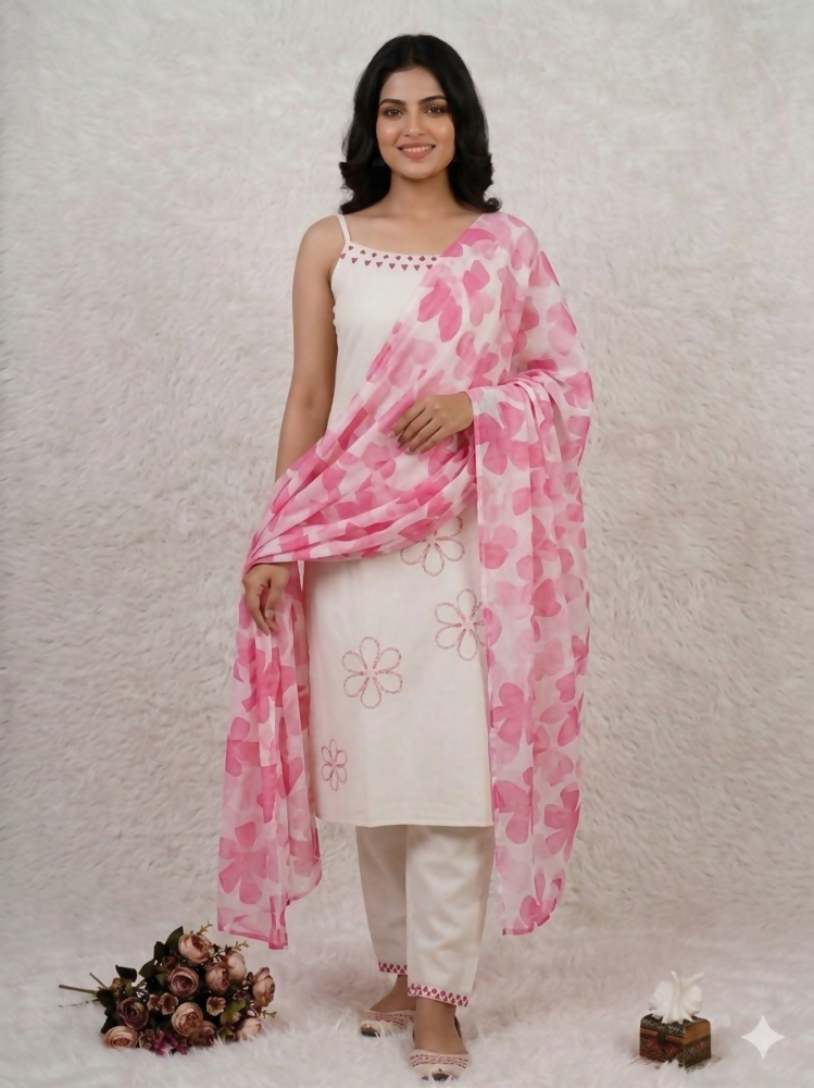 Teeya Creation Women’s Straight Cotton Kurta Pant Set with Floral Organza Dupatta Set | Grocsy