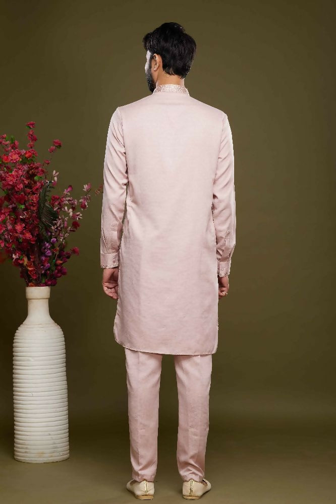 Raivat Ethnic Art Banarasi Silk Thread Work Kurta Pajama In Pink Colour | Grocsy
