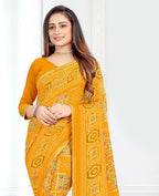 Yellow Georgette Bandhani Printed Saree With Unstitched Blouse Piece - Jyoti | Grocsy
