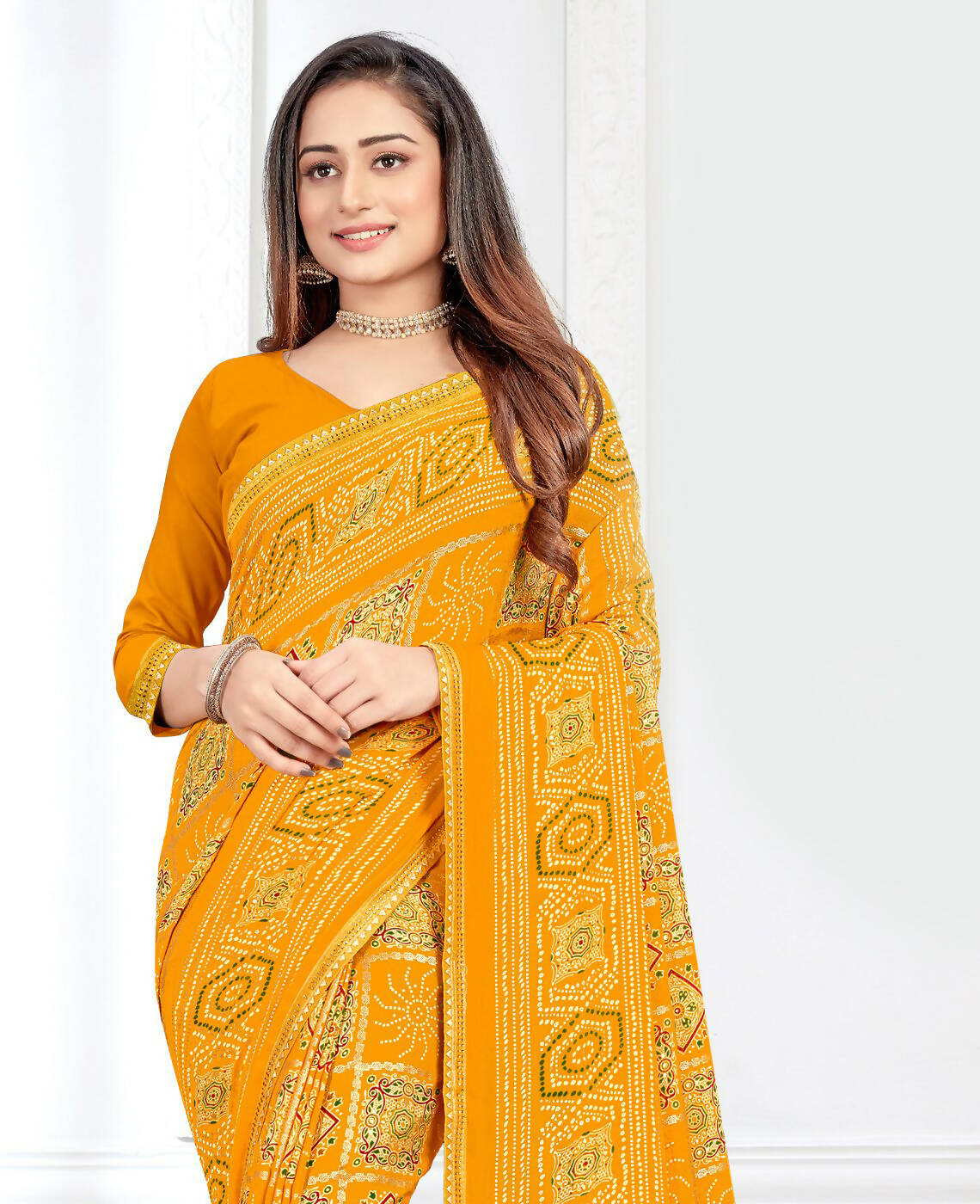 Yellow Georgette Bandhani Printed Saree With Unstitched Blouse Piece - Jyoti | Grocsy