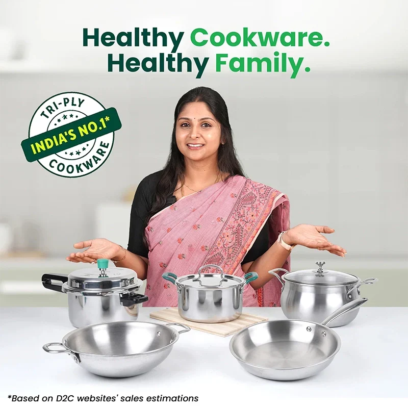 The Indus Valley TurboCuk Tri-ply Stainless Steel Kadai+ Glass Lid, Premium Quality, 3 Layer Thick Body, 100% Toxin-free, Non-stick, Induction & Gas, 1.7/2.7/3.5L | Grocsy