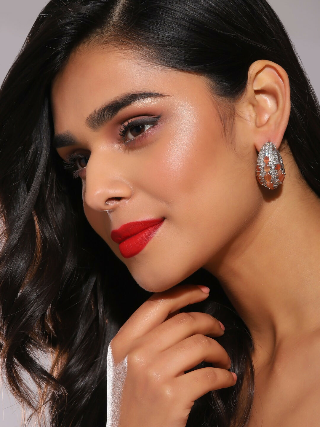 Peach & Silver Diamond Hoops Earrings- Ruby Raang