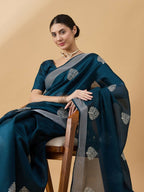 Teal Cotton Blend Thread Embroidered Saree with Unstitched Blouse - Satya | Grocsy