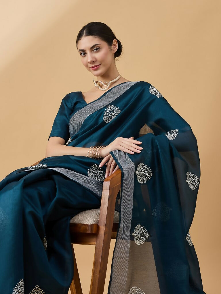 Teal Cotton Blend Thread Embroidered Saree with Unstitched Blouse - Satya | Grocsy