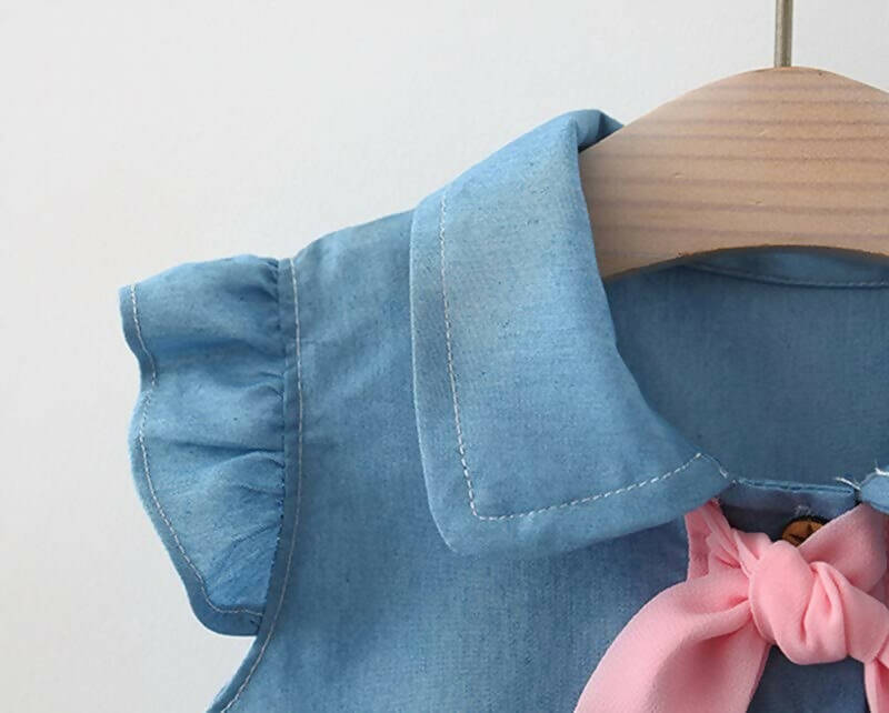Bold N Elegant Cap Sleeve Denim Embroidered Midi Party Dress Frock with Hat Dress - Strawberry Pink | Grocsy