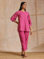 trueBrowns Pink Dabu Print Cotton Baggy Sleeve Co-Ord Set | Grocsy