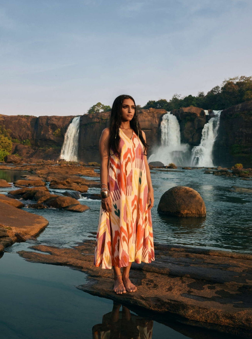 trueBrowns Pink Cotton Ikat Sleeveless Dress | Grocsy