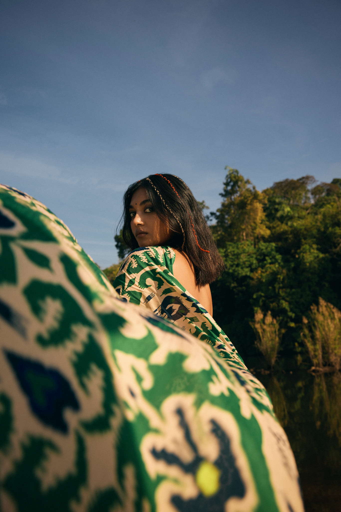 trueBrowns Green Blue Muslin Ikat Saree | Grocsy