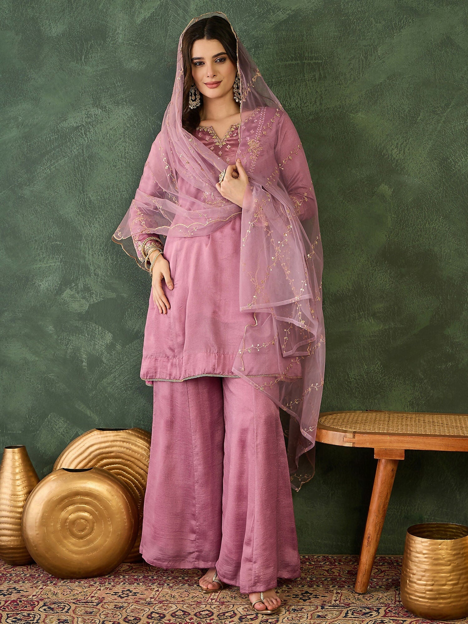 The52 Women's Gorgeous Embroidery Work Viscose Silk Fabric A-line Kurta Sharara and Dupatta Set-Onion | Grocsy