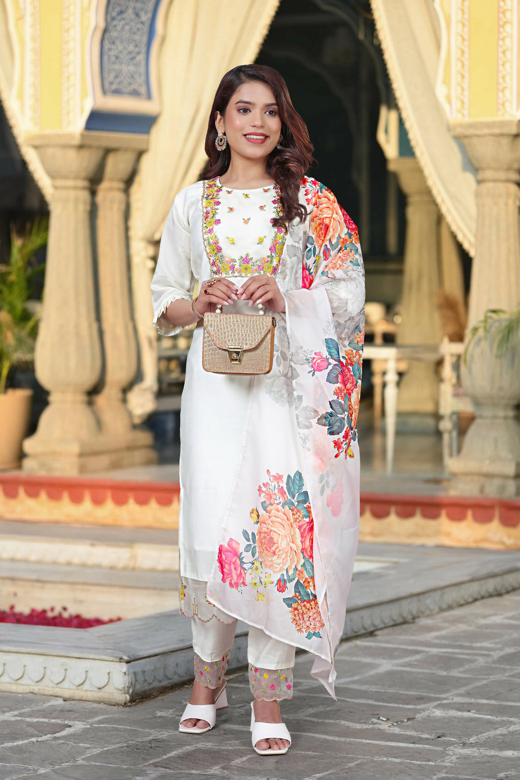 The52 Women's Beautiful Chanderi Fabric Embroidery Work Straight Kurta Pant and Dupatta Set | Grocsy