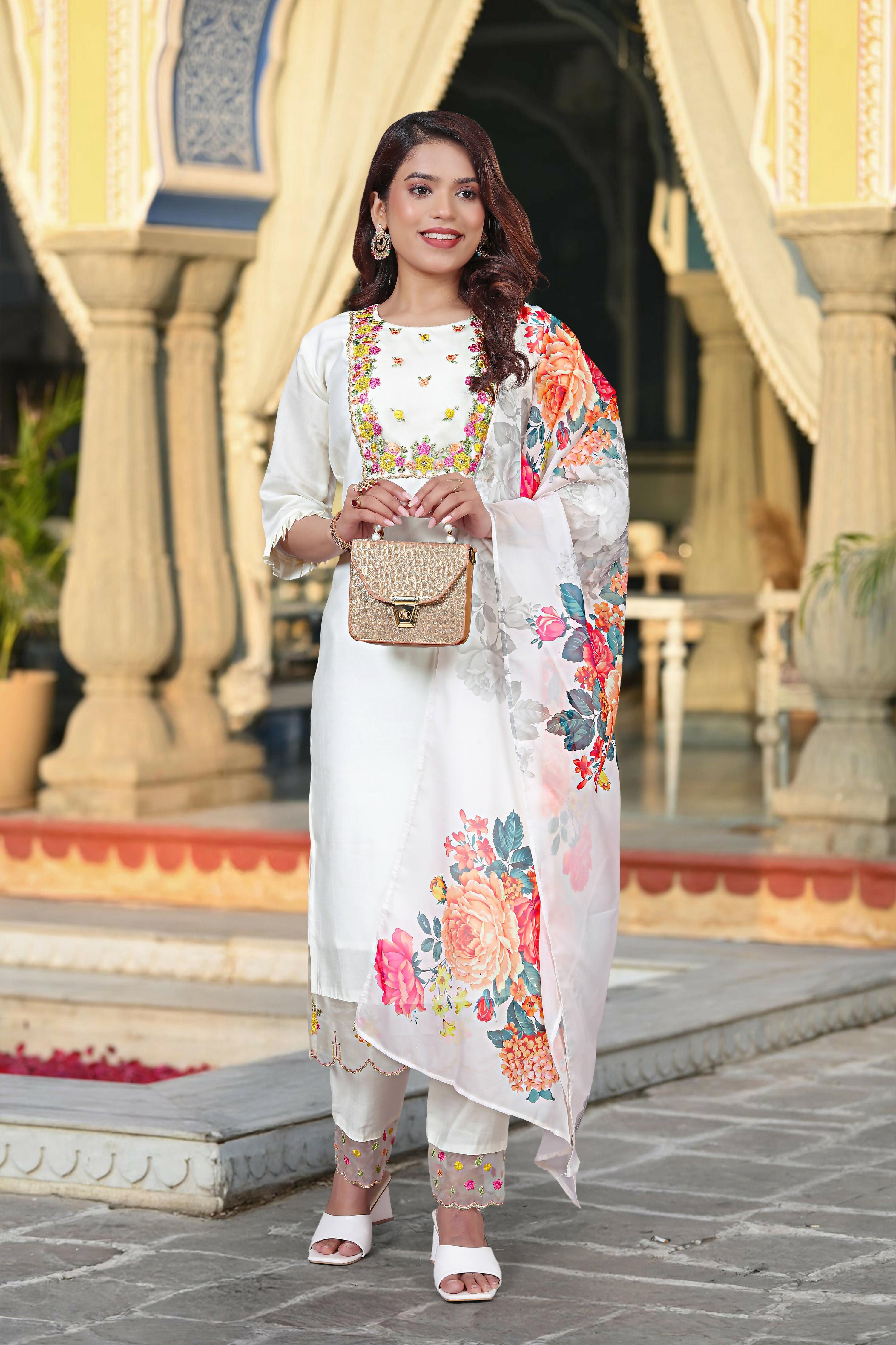 The52 Women's Beautiful Chanderi Fabric Embroidery Work Straight Kurta Pant and Dupatta Set | Grocsy