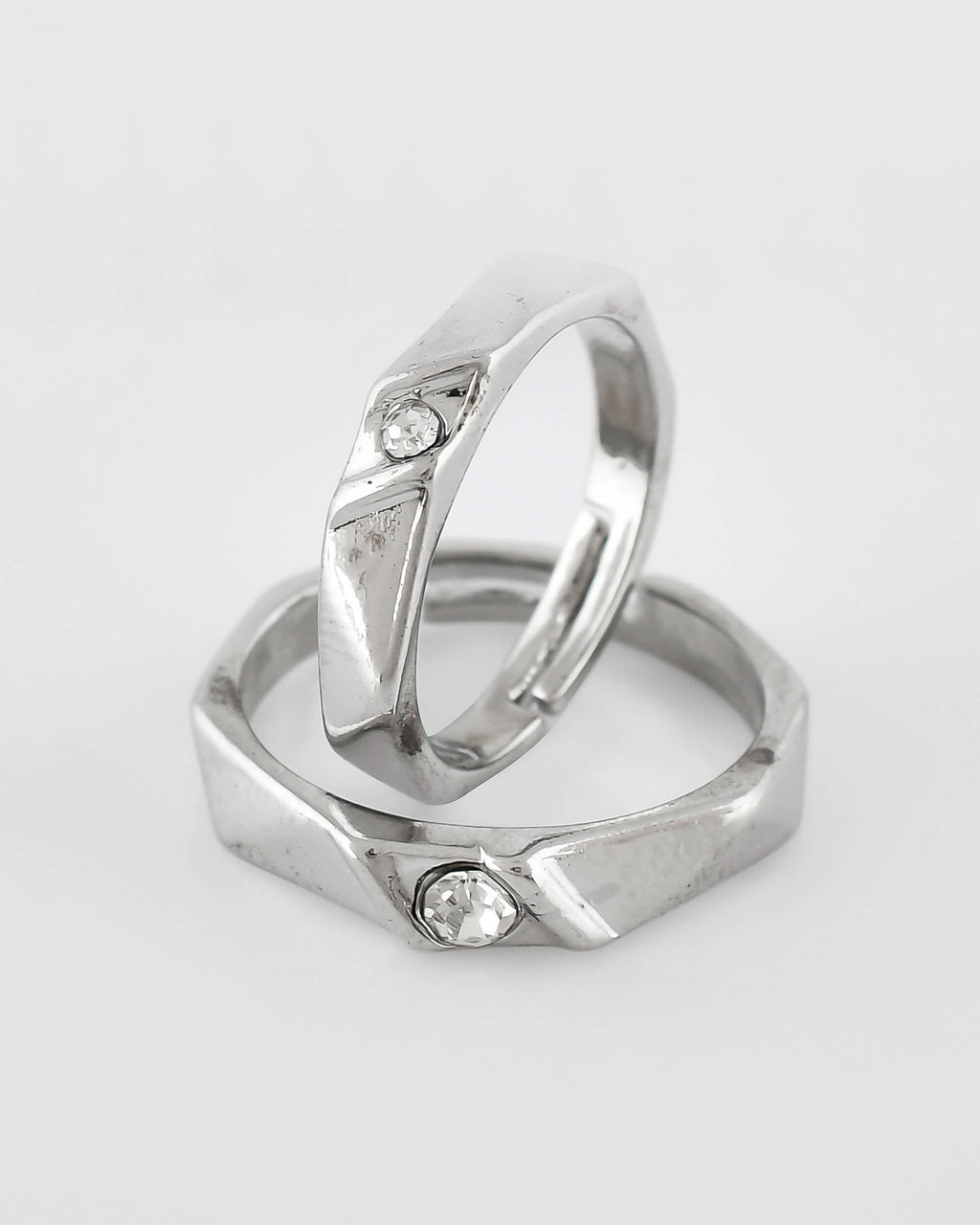 VOJ Stainless Steel Cubic Zirconia Silver Plated Adjustable Ring Set for Couple | Grocsy