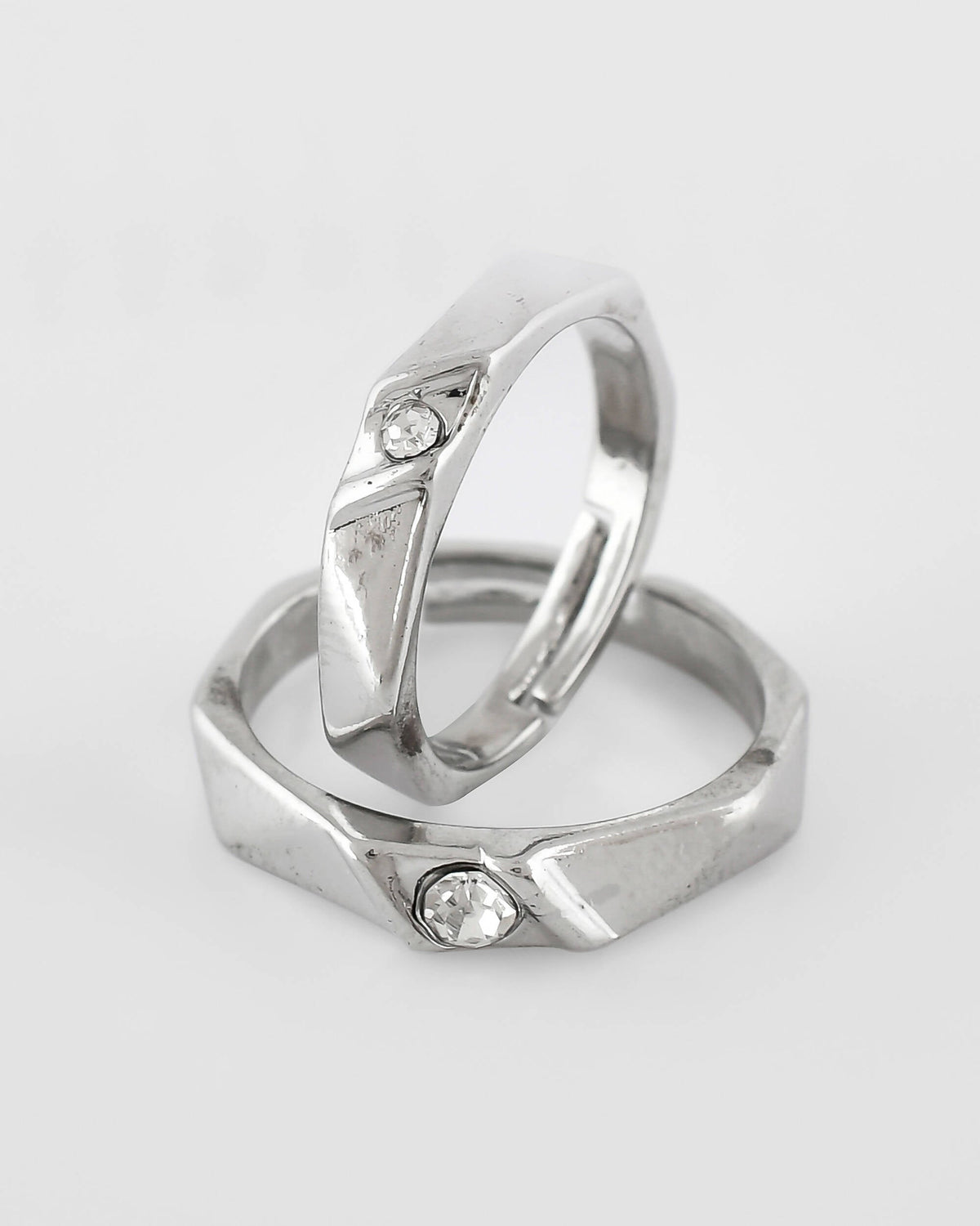 VOJ Stainless Steel Cubic Zirconia Silver Plated Adjustable Ring Set for Couple | Grocsy