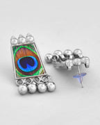 VOJ Silver Plated Oxidized Peacock Print Hasli with Earring Set | Grocsy