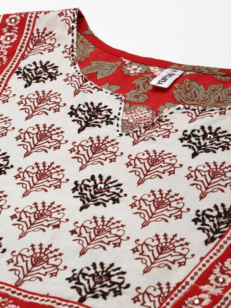 Yufta Women Maroon Floral Printed Regular Thread Work Pure Cotton Kurta with Palazzo & With Dupatta | Grocsy