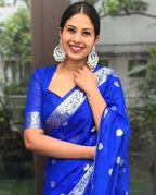 DEIANA'S Beautiful Designer Golden zari Soft Lichi Silk Saree - Royal Blue | Grocsy