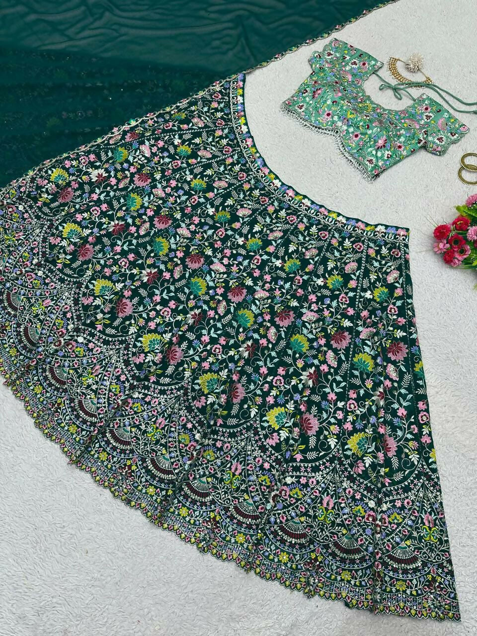 Jyoti Fashion Women's Bottle Green Faux Georgette Sequins with Thread Embroidered Designer Lehenga Choli Set | Grocsy