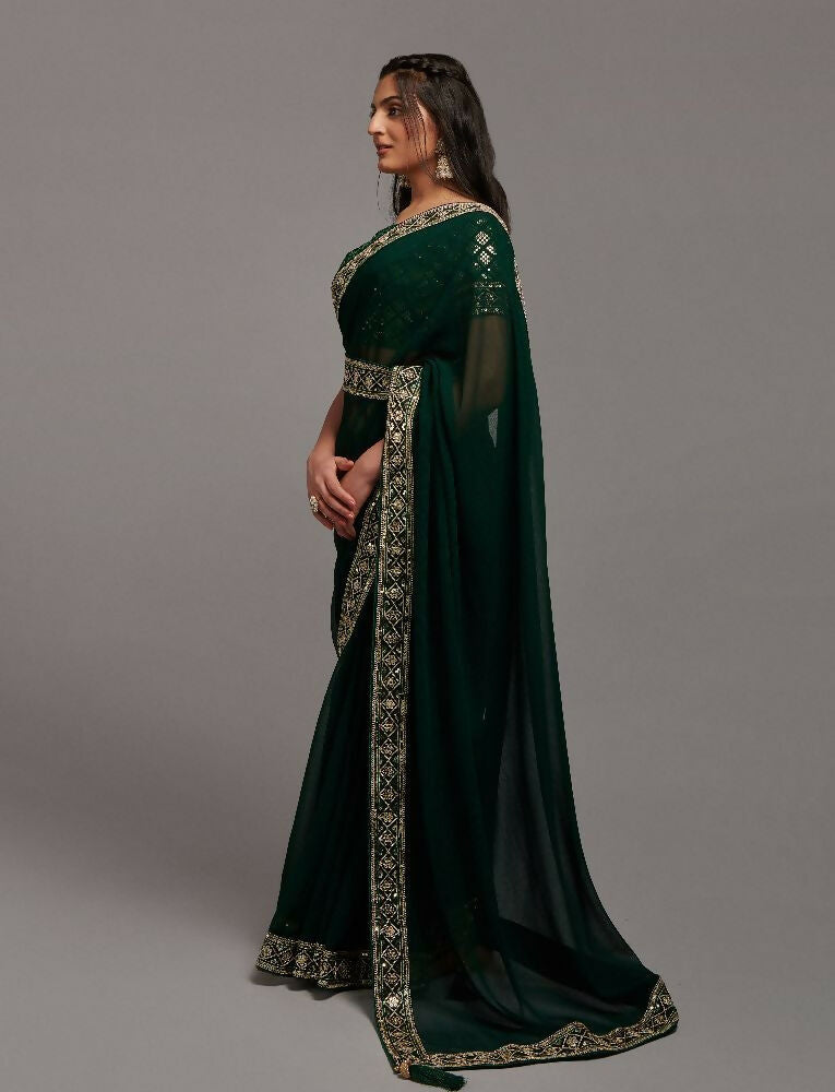 PR Fashion Green Zometo Embroidery Lace Saree | Grocsy