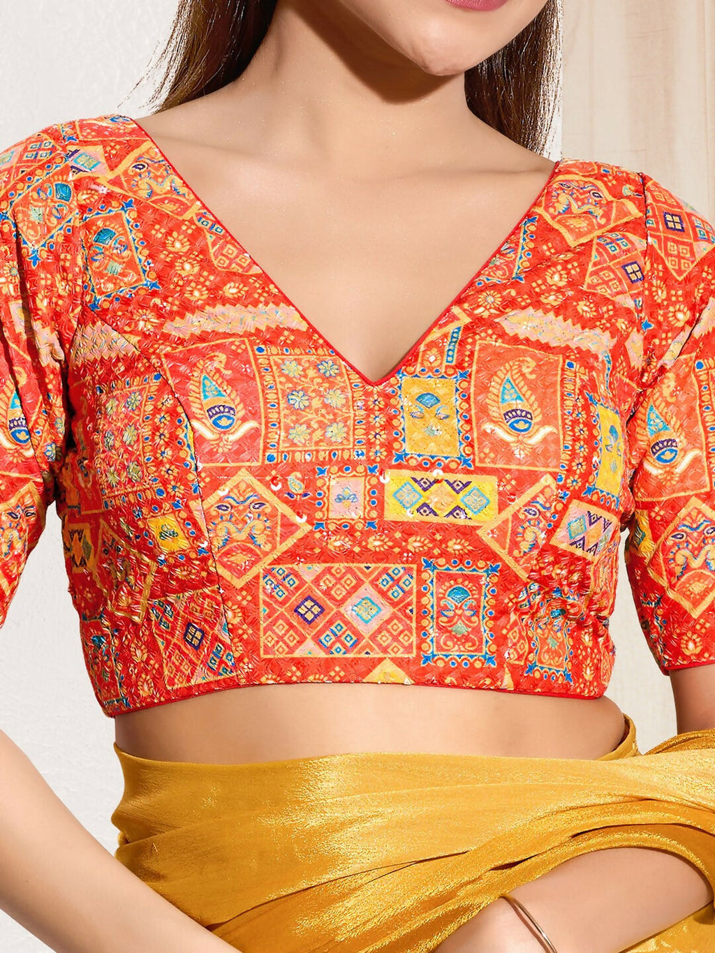 Joban Fashion Orange Viscose Rayon Padded Blouse With V Neck Elbow Sleeves | Grocsy