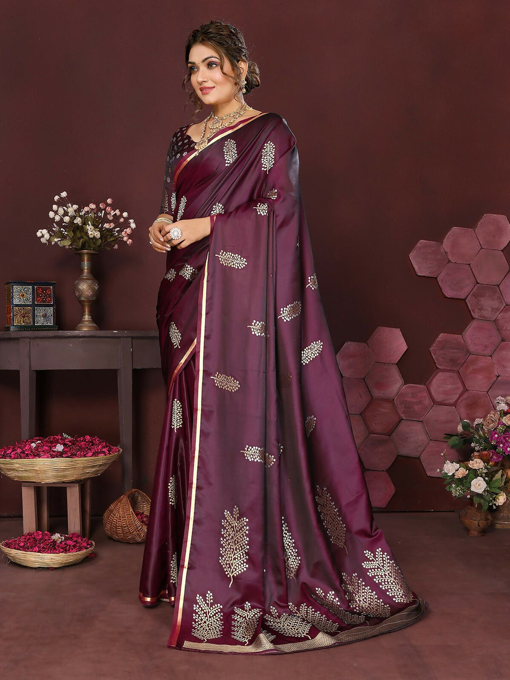 Joban Fashion Wine Floral Motifs Banarasi Silk Sarees | Grocsy