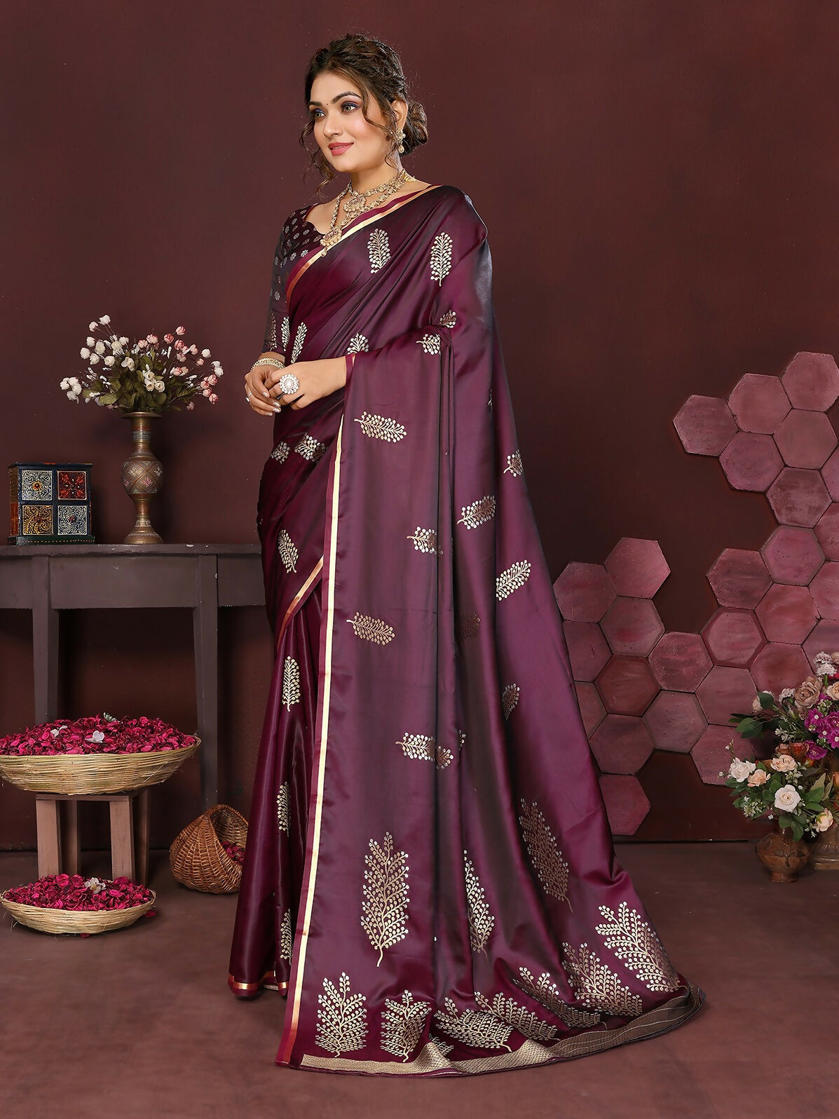 Joban Fashion Wine Floral Motifs Banarasi Silk Sarees | Grocsy