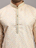 Cream Viscose Jacquard Woven Jacquard Designer Men's Rajwadi Kurta Set - Mahotsav | Grocsy
