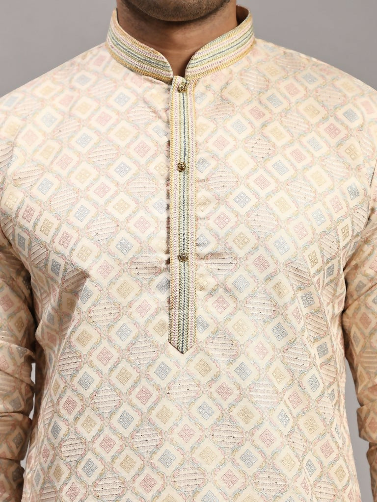 Cream Viscose Jacquard Woven Jacquard Designer Men's Rajwadi Kurta Set - Mahotsav | Grocsy