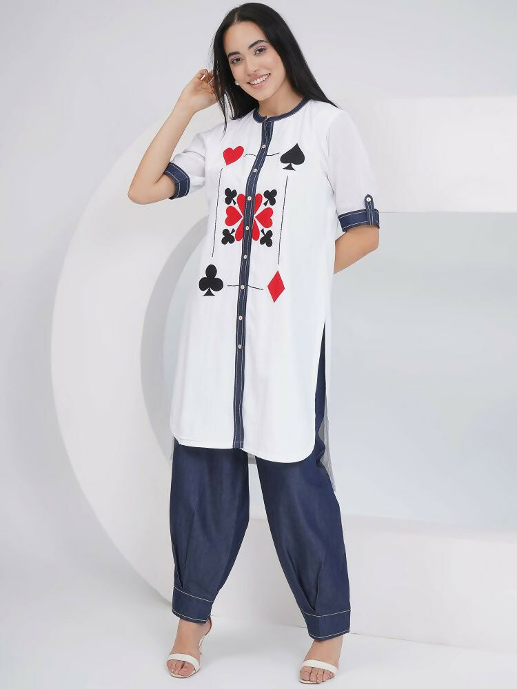 Joban Fashion White Rayon Crepe Applique Embroidered Shirt with Afghani Pants | Grocsy