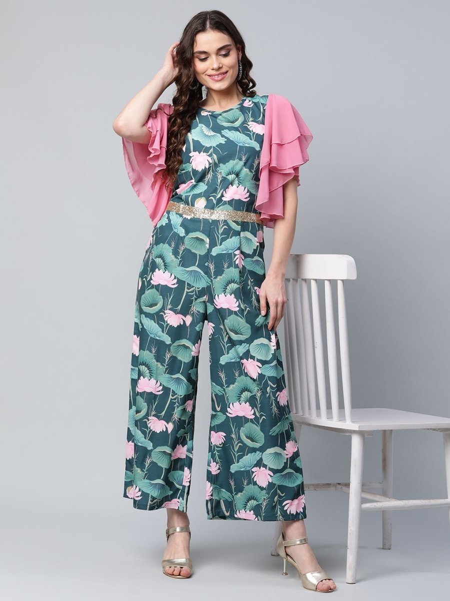 Ahalyaa Women's Dark Green Crepe Printed Jumpsuit | Grocsy