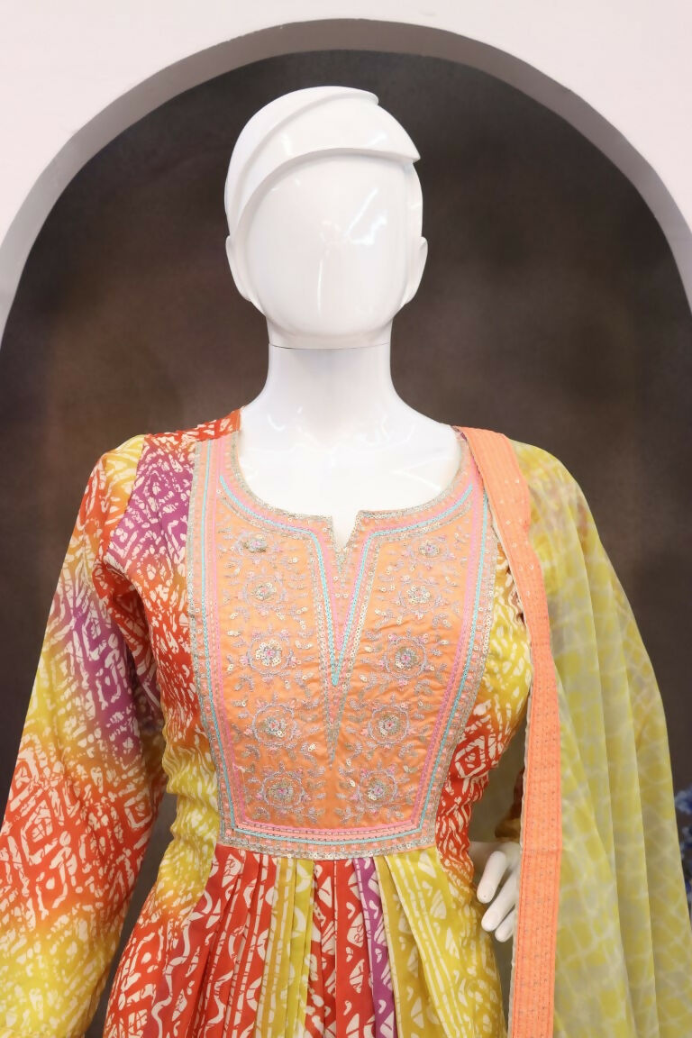 Vastranavya Red Muslin Printed Sequins Beads Work Abaya Style Anarkali Suit | Grocsy