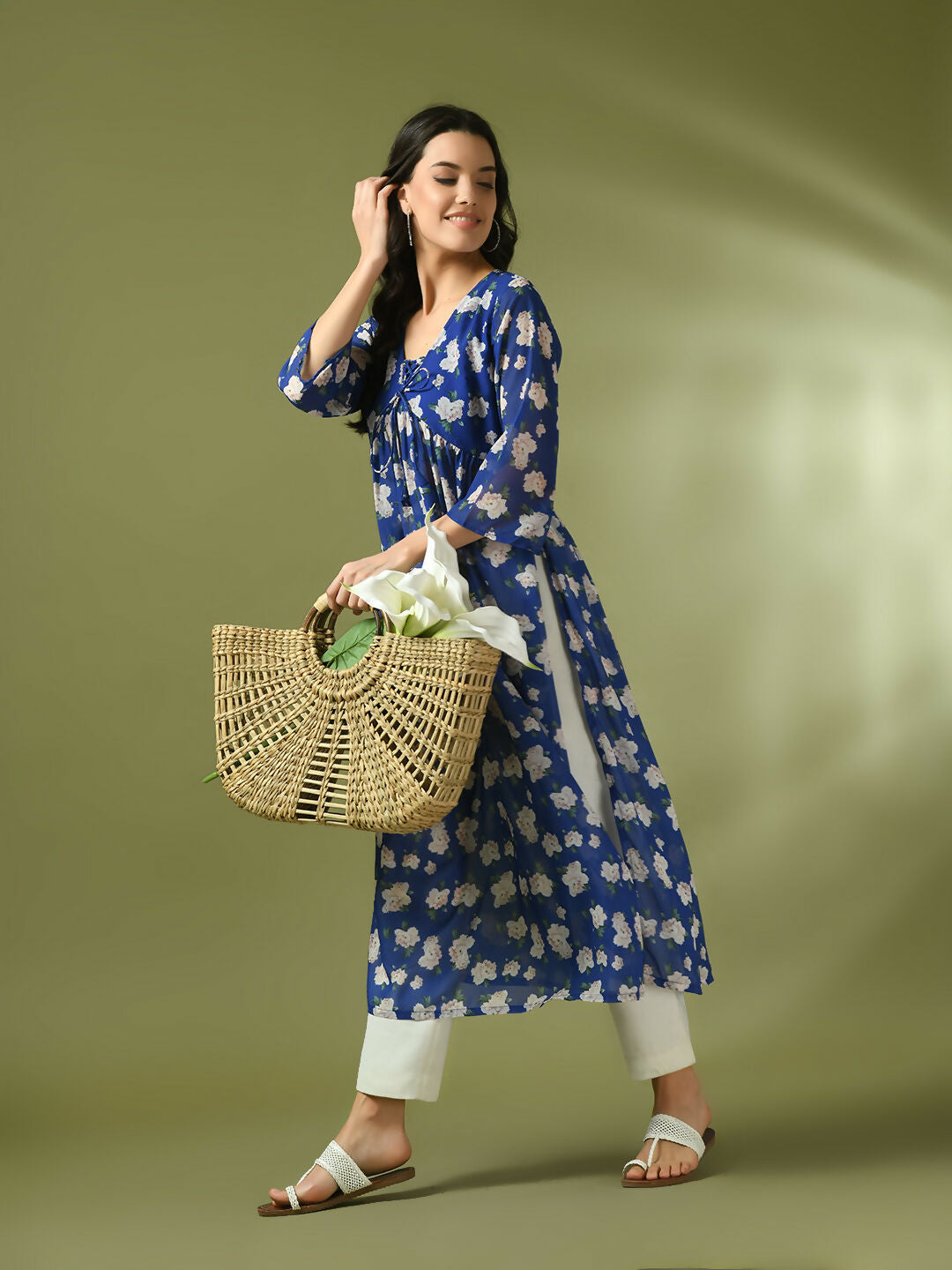 Myshka Women's Blue Printed Georgette A-Line Nyra-cut Kurta | Grocsy