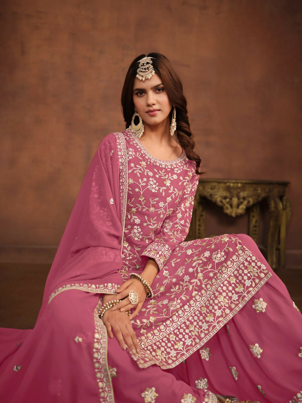 Anaita Pink Embroidered Faux Georgette Salwar Suit | Grocsy