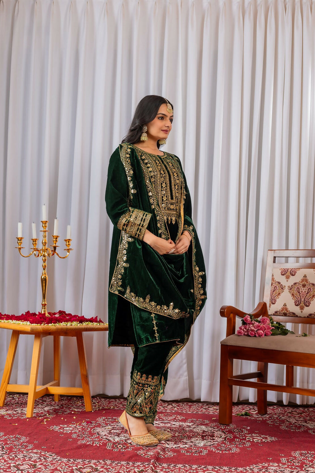 Joban Fashion Green Velvet Sequence Embroidery Work Kurta Set | Grocsy