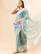 Blue Organza Geometric Embroidered Saree with Unstitched Blouse Piece - Roozal | Grocsy