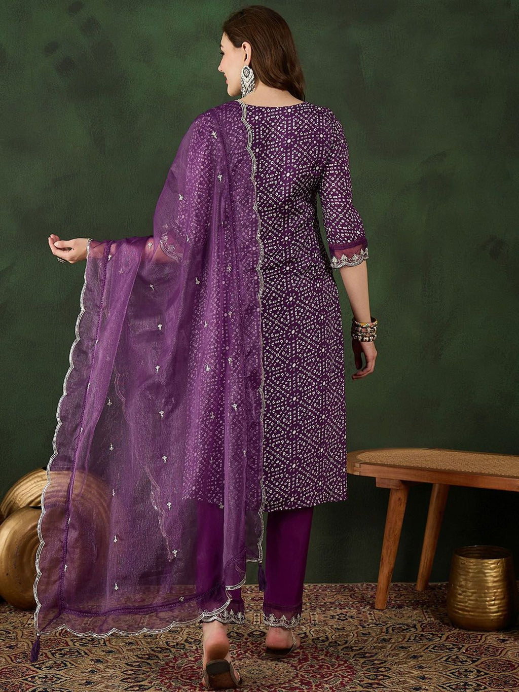 Sangria Bandhani Printed Straight Kurta, Trouser & Dupatta Set | Grocsy