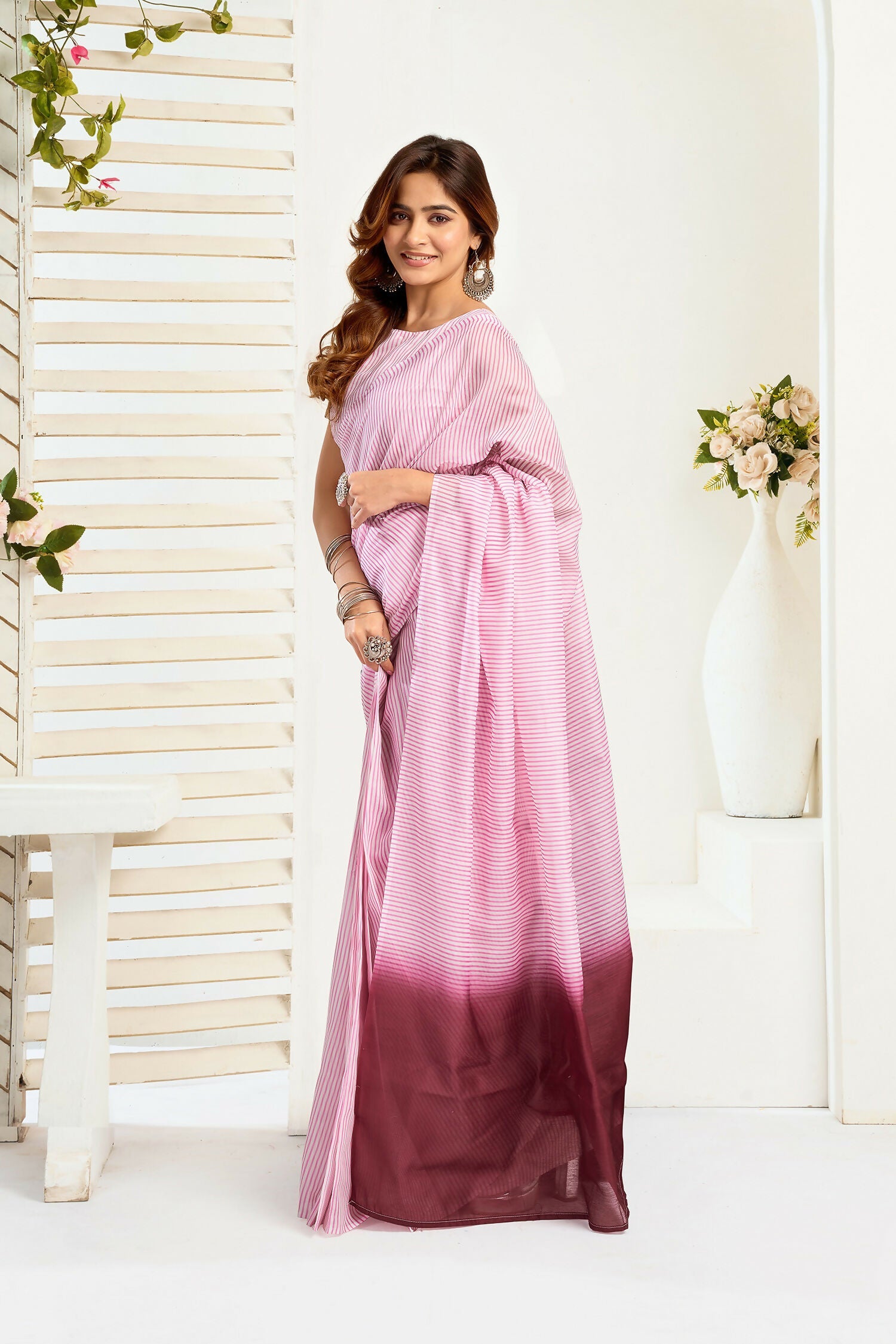 Joban Fashion Light Pink  Striped Linen Ready To Wear Saree With Unstitched Blouse | Grocsy