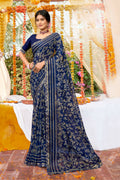Navy Blue Georgette Foil Printed Saree with Unstitched Blouse piece - Avika | Grocsy