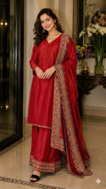 Teeya Creation New Latest Stylish Classic Red Festive Kurta Set with Gold Zari Border Palazzo and Dupatta | Grocsy
