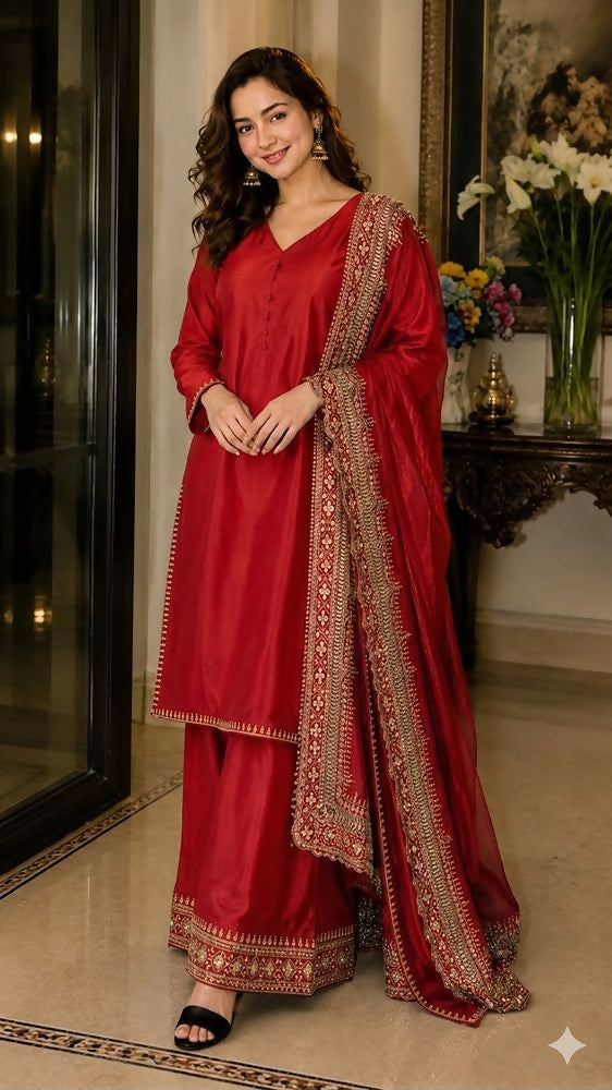 Teeya Creation New Latest Stylish Classic Red Festive Kurta Set with Gold Zari Border Palazzo and Dupatta | Grocsy