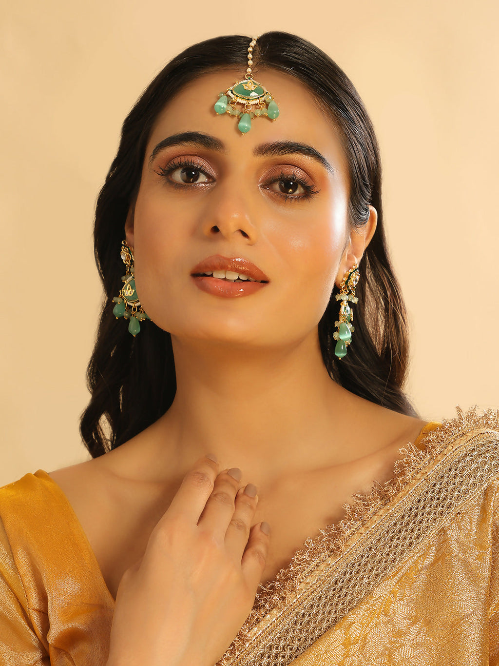 Nuyug 22K Gold Plated Lush Green Maang Tikka & Earrings Set | Grocsy