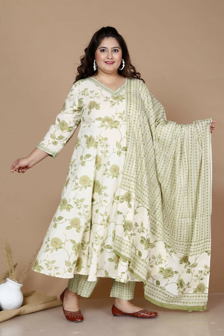 Miravan Women's Plus Size Green Printed Anarkali Kurta With Palazzo And Dupatta | Grocsy