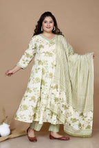 Miravan Women's Plus Size Green Printed Anarkali Kurta With Palazzo And Dupatta | Grocsy